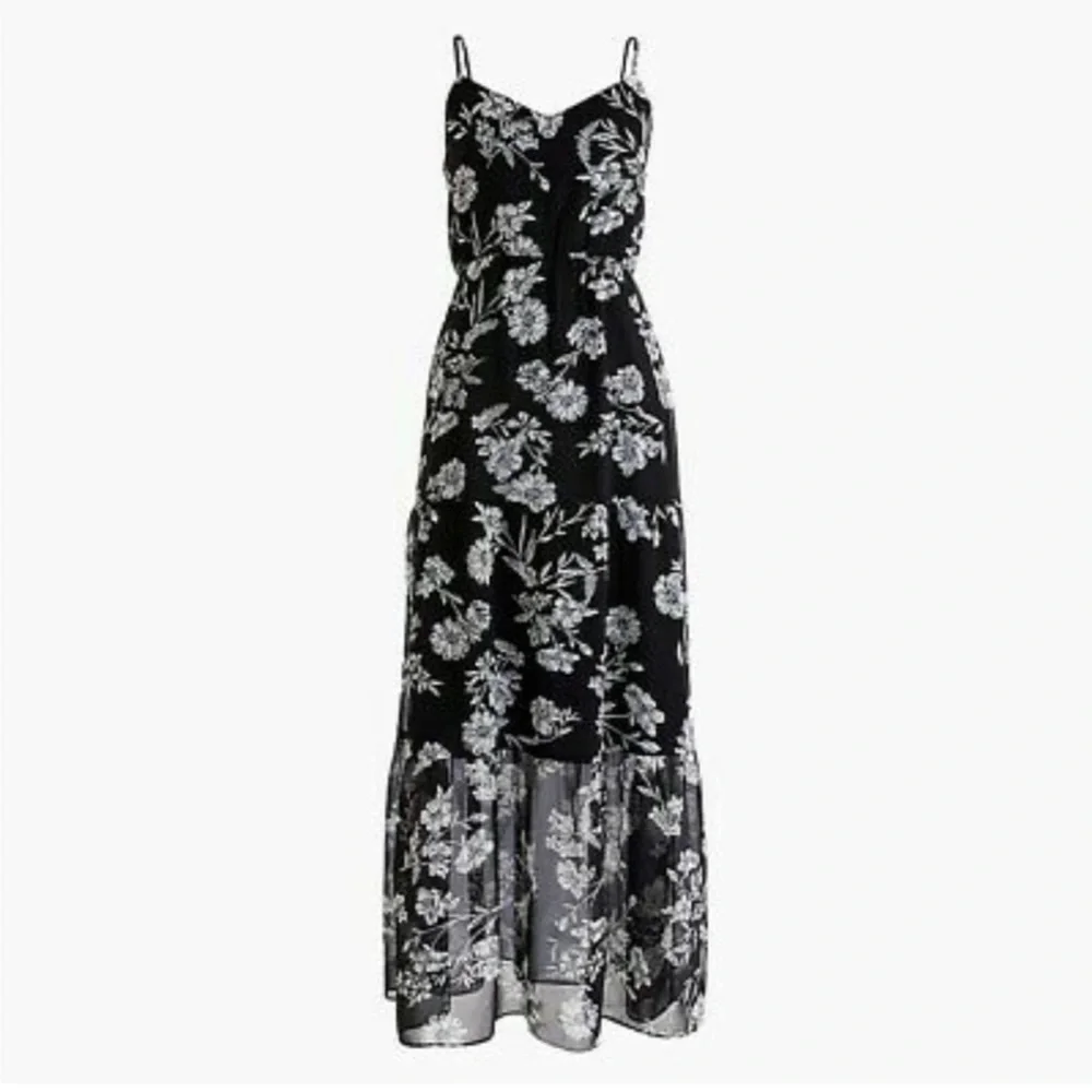 J Crew Black Sheer Floral Maxi Dress Tiered Spaghetti Strap Size 2